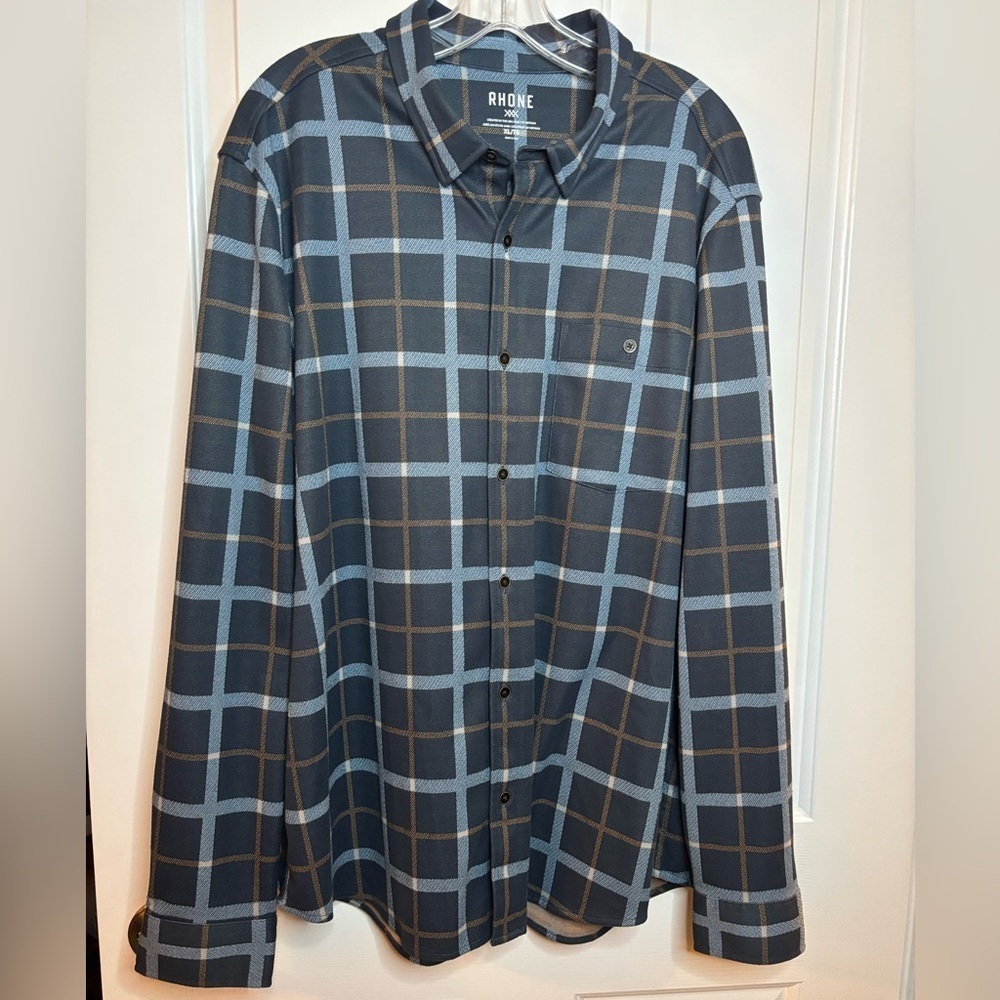 EUC Rhone Charcoal and Tan Checkered Shirt flannel feel shirt size XL